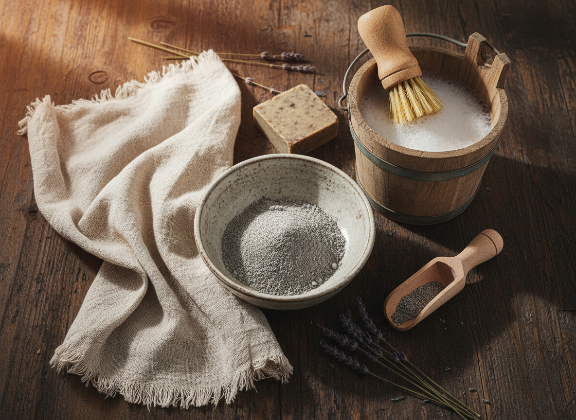 A rustic flat lay photo of wood ash in a ceramic bowl next to a linen cloth and a wooden bucket with soapy water, natural daylight, warm tones, eco-friendly and natural home cleaning concept