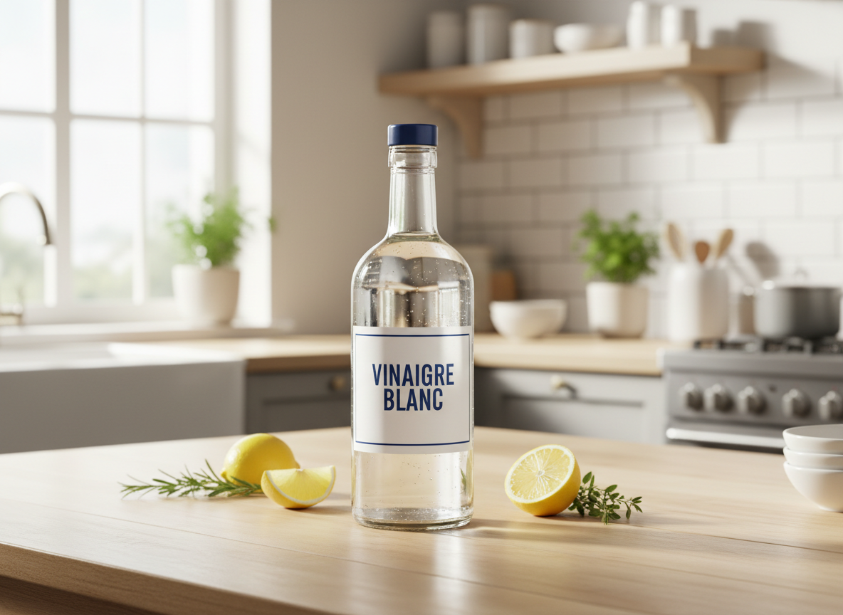 A clean, bright kitchen table with a bottle of white vinegar (vinaigre blanc) prominently placed on it. The bottle is clear glass with a white label, looking fresh and appealing. The kitchen background is soft, warm, and inviting — natural light, wooden table surface, slightly blurred background with clean countertops. Product photography style, appetizing, makes you want to buy it.